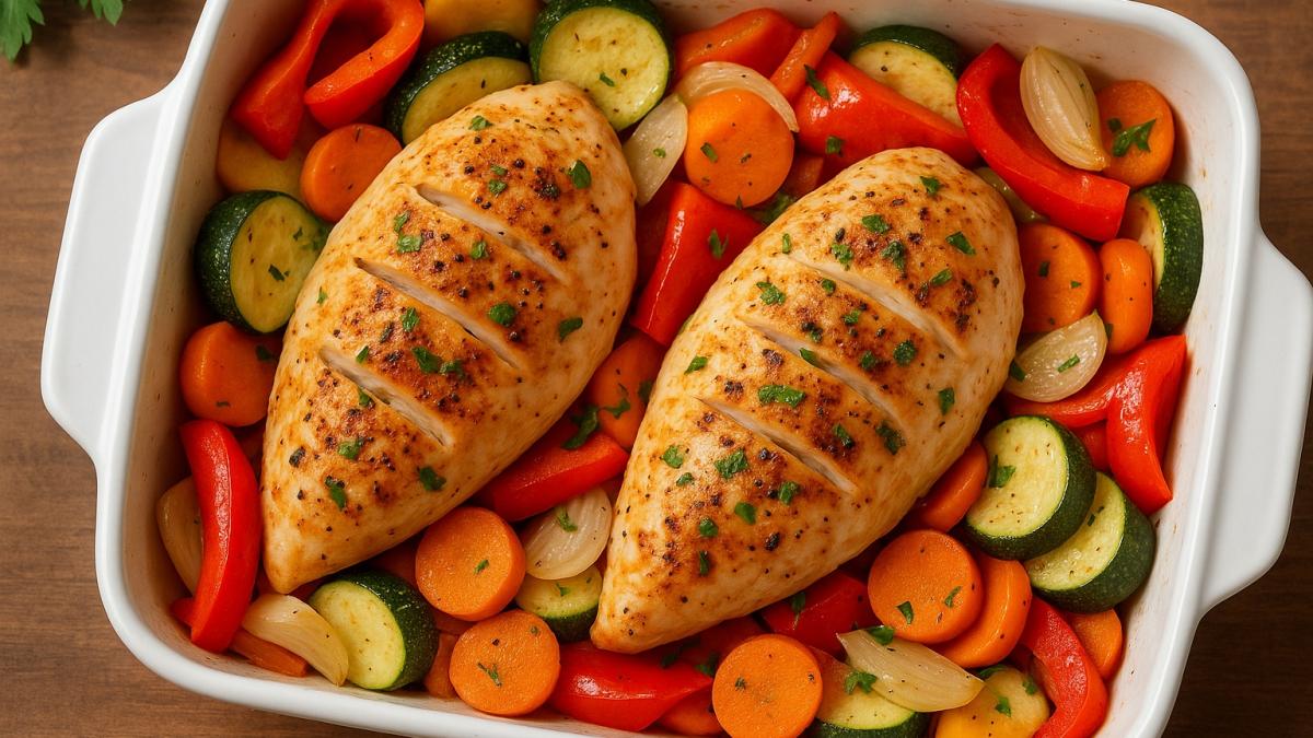 Что приготовить на ужин: Запечённая куриная грудка с овощами