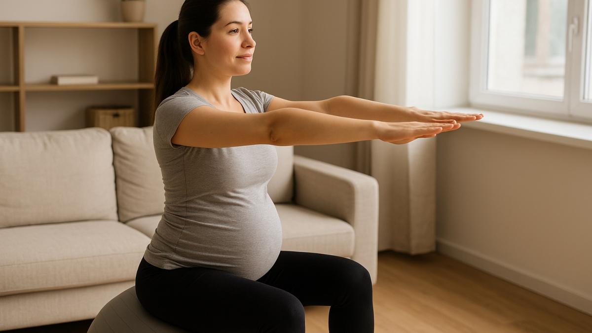 Беременная женщина делает гимнастику на фитболе