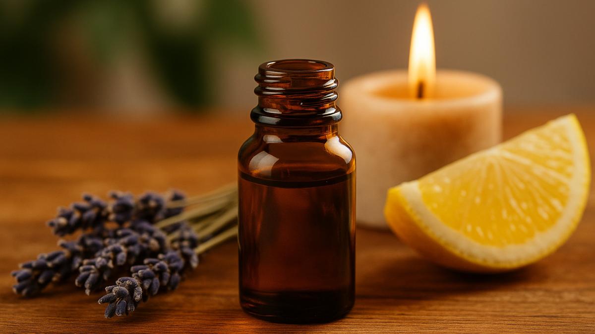 Бутылочка эфирного масла и свеча