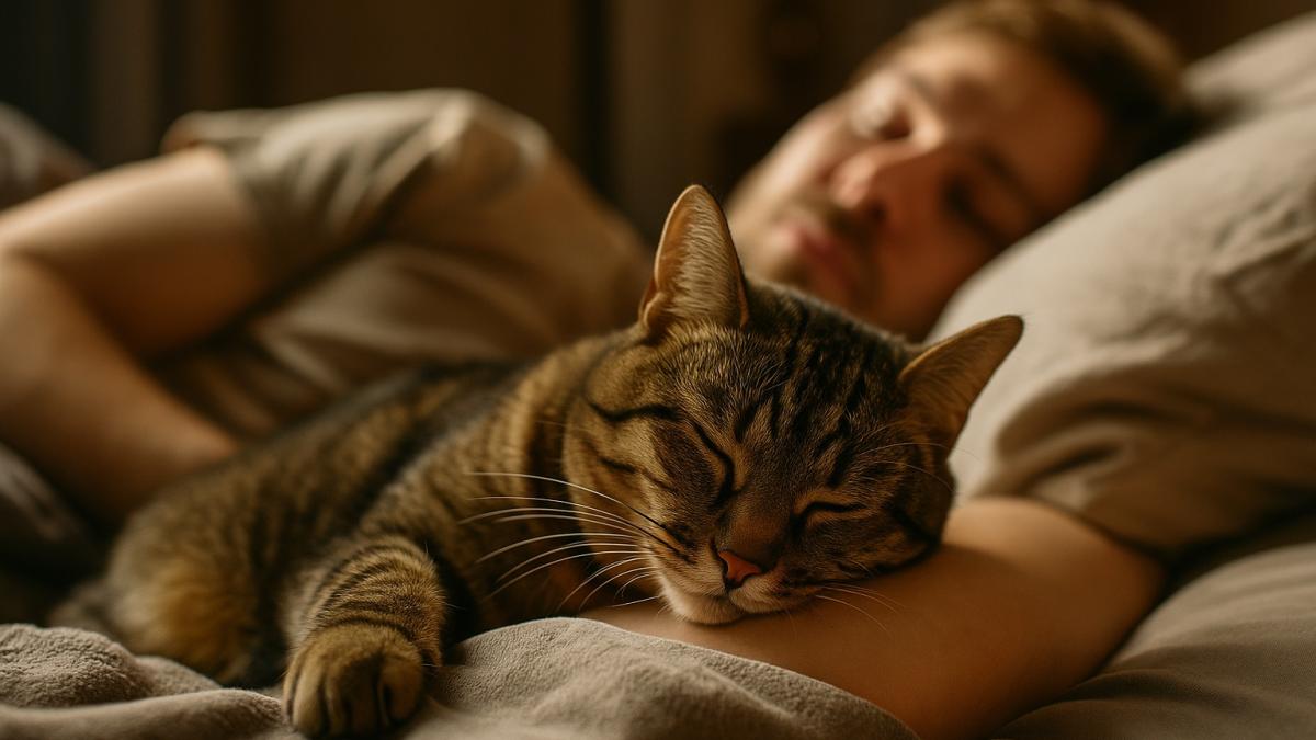 Кошка спит рядом с хозяином, уснувшим по военной методике засыпания
