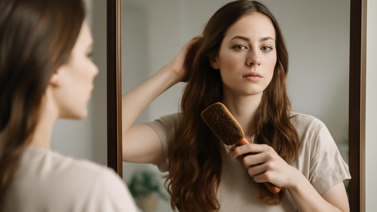 Женщина расчесывает волосы перед зеркалом