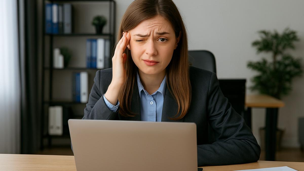 девушка за ноутбуком с нервным тиком