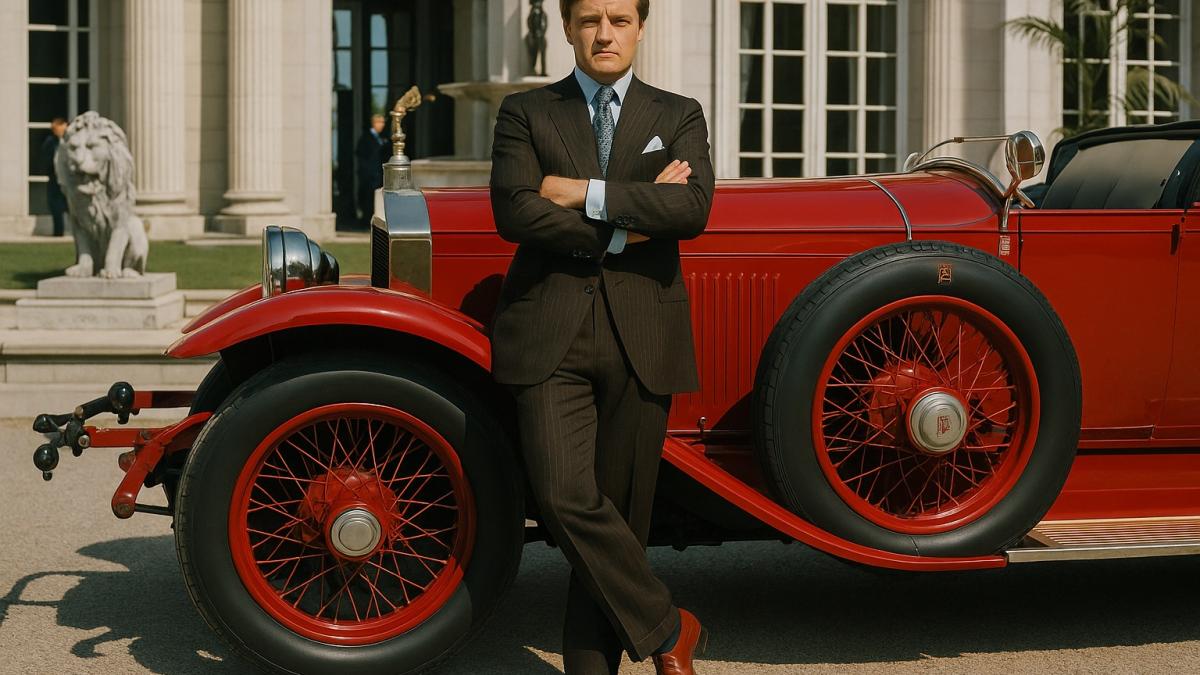 мужчина в костюме у красного ретро-автомобиля