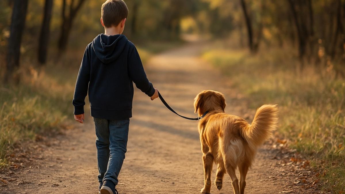 Мальчик с собакой на прогулке