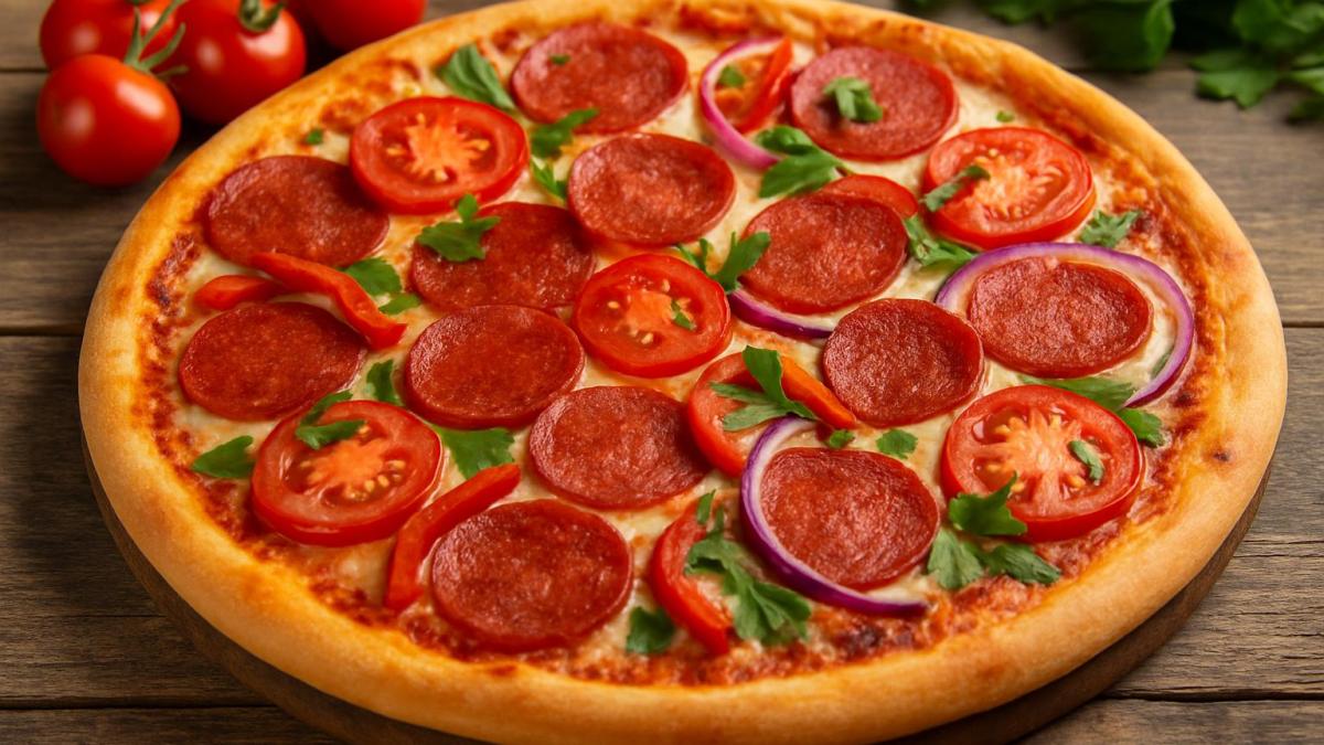 Пицца с пепперони и свежими овощами