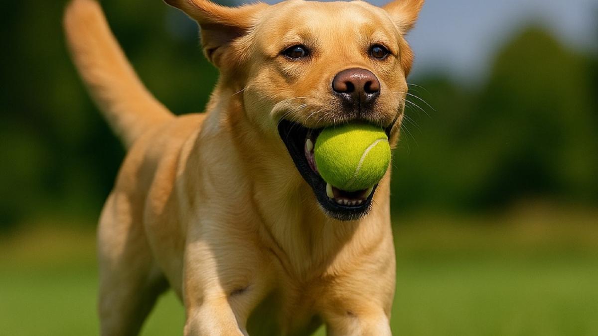 Собака с мячом на прогулке