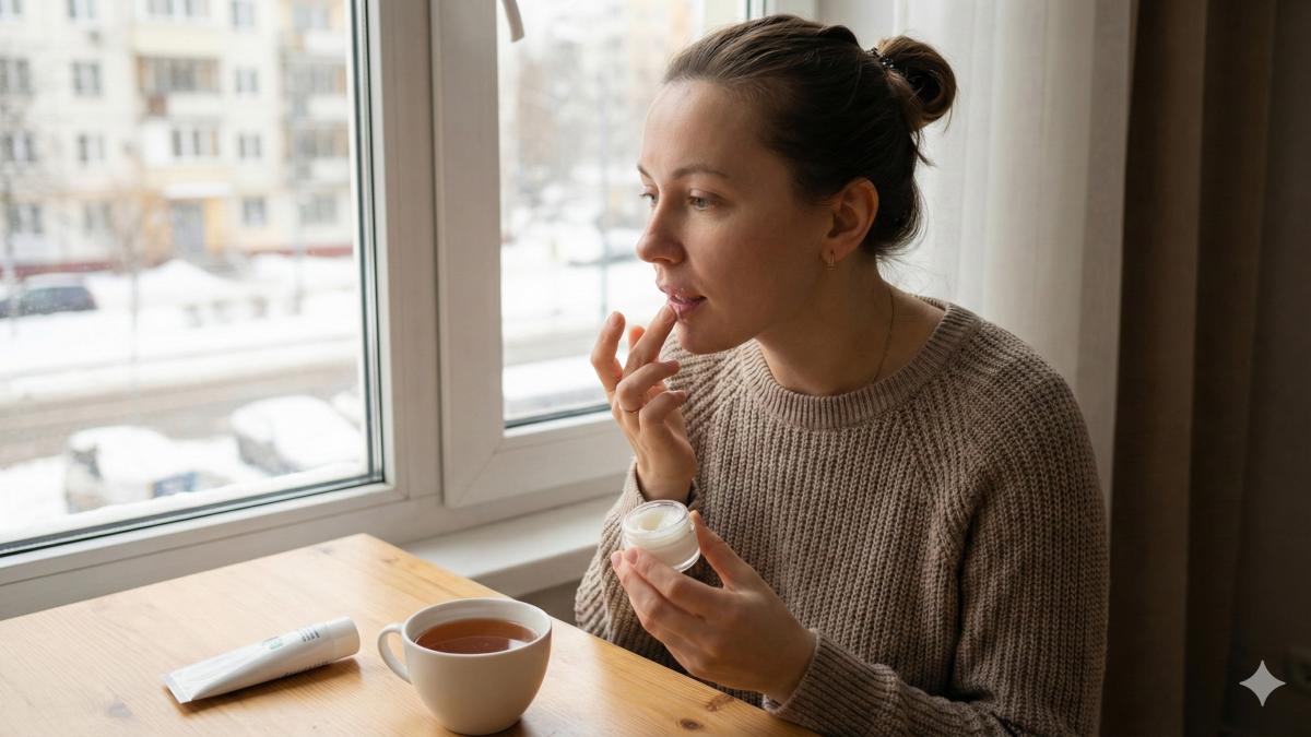 Девушка у окна ухаживает за губами