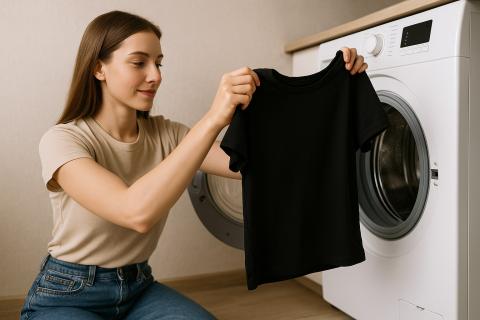 Девушка достает черную футболку из стиральной машины