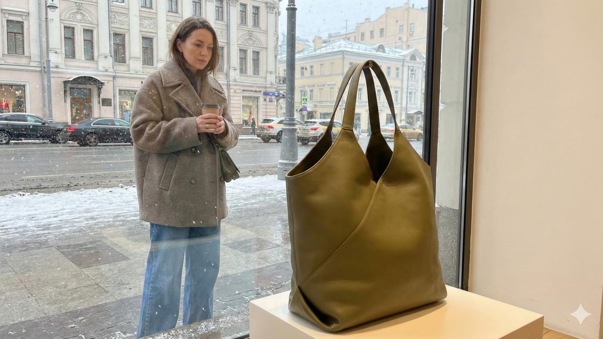 Женщина рассматривает сумку для покупки