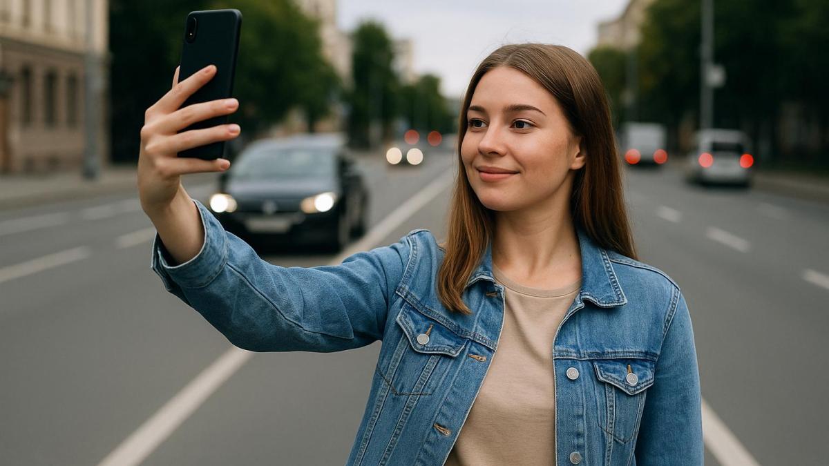 Девушка делает селфи на дороге