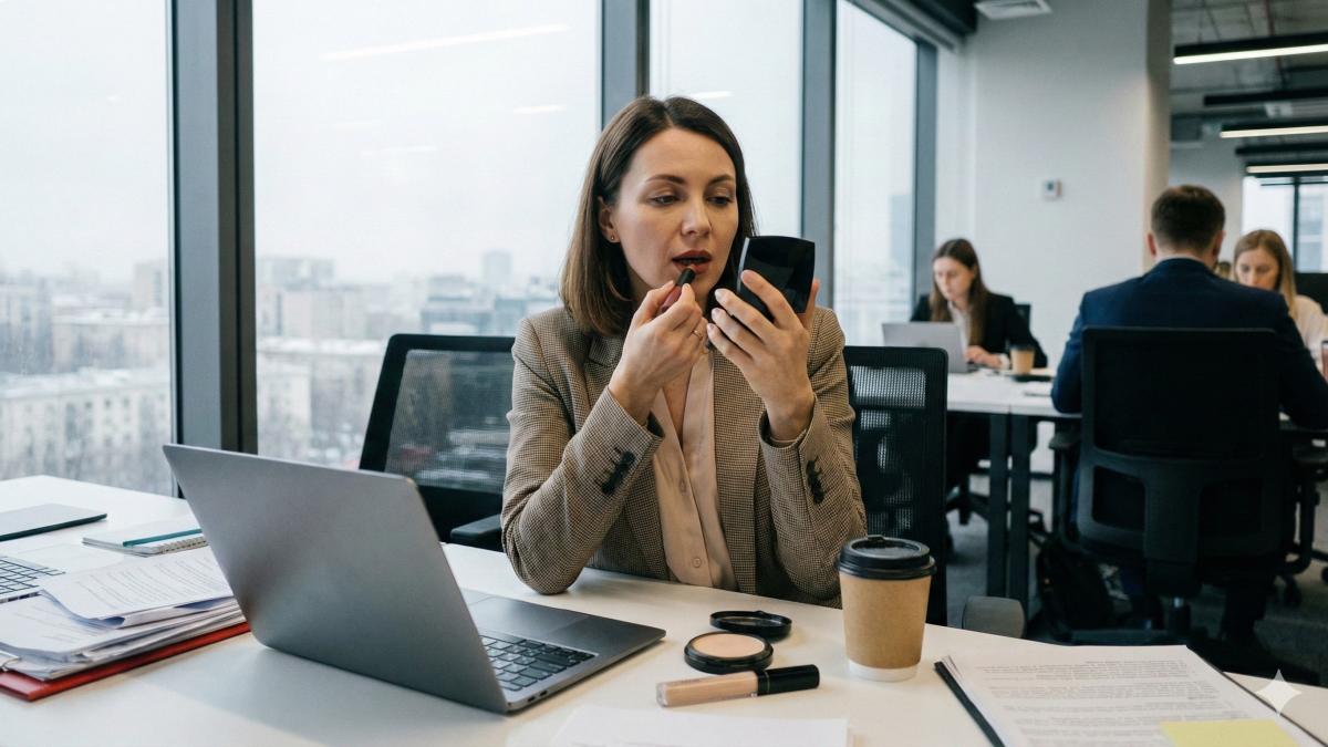 Женщина красит губы в офисе