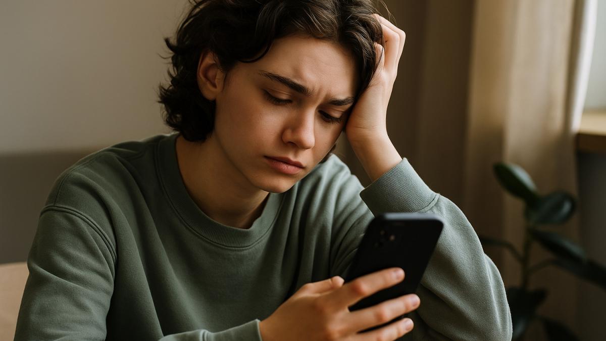 Молодой человек задумчиво смотрит на телефон