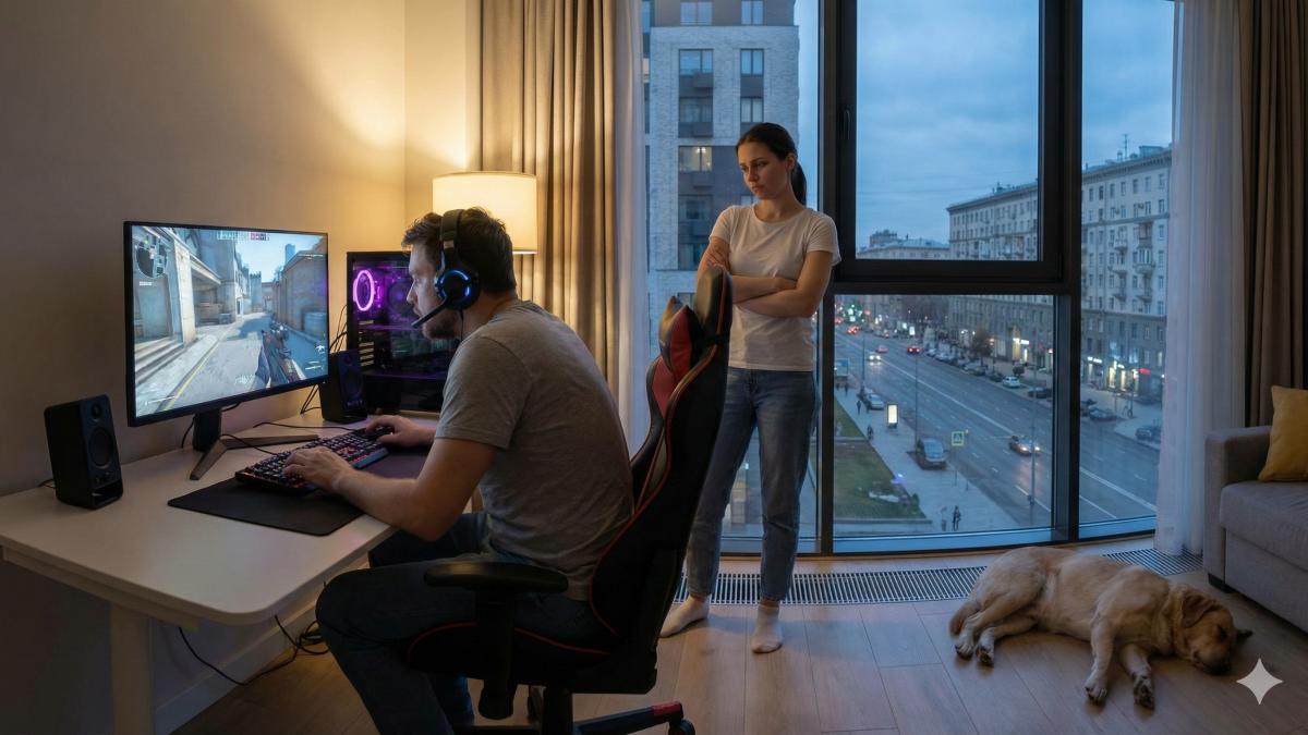 Мужчина у монитора, женщина злится