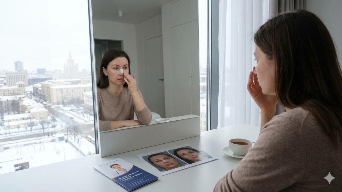 Девушка у зеркала после ринопластики