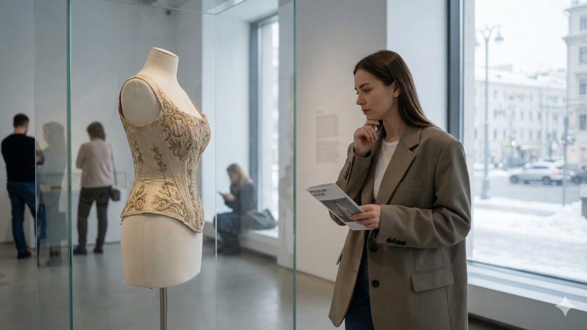 Женщина в музее осматривает средневековое белье