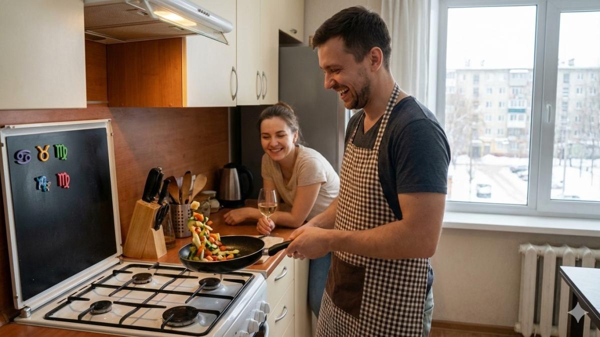 Мужчина готовит еду на кухне