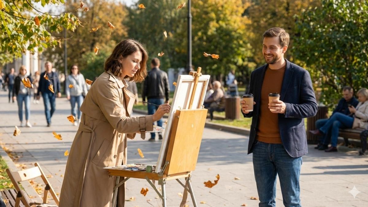 Женщина за мольбертом, мужчина рядом