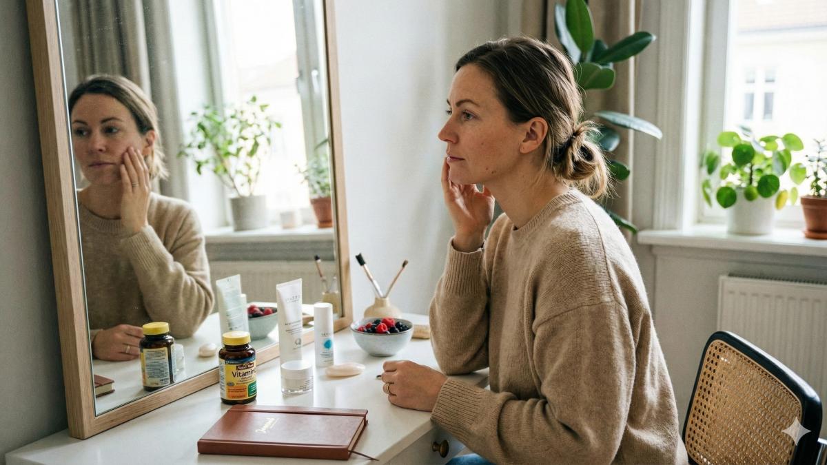 Женщина перед зеркалом рассматривает, похудела ли