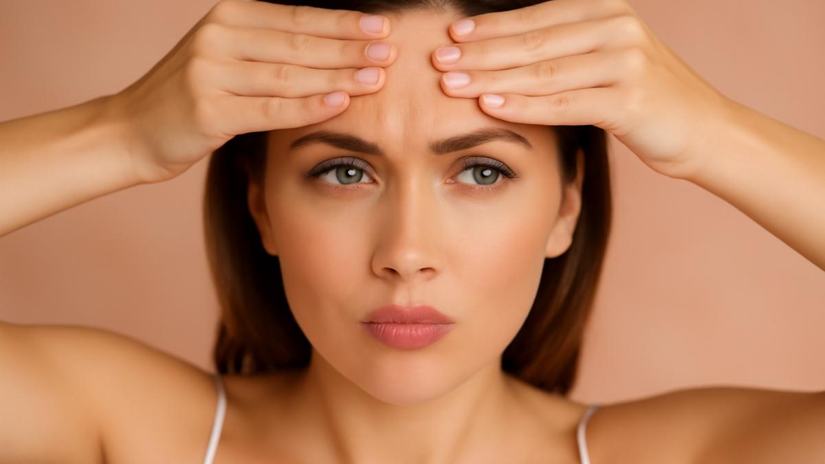 Женщина выполняет упражнения для лица