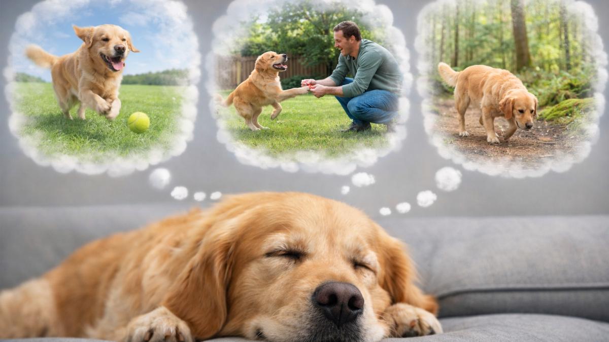 Собак спит на диване и видит сны