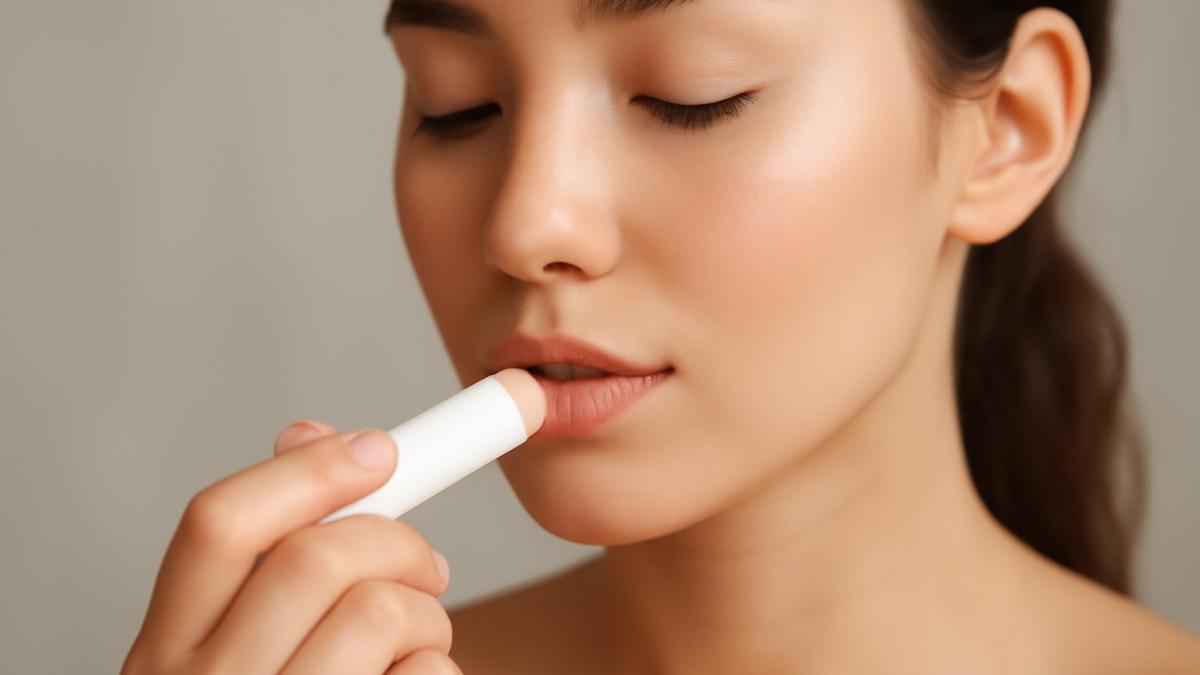 Портрет молодой женщины, наносящей бальзам для губ