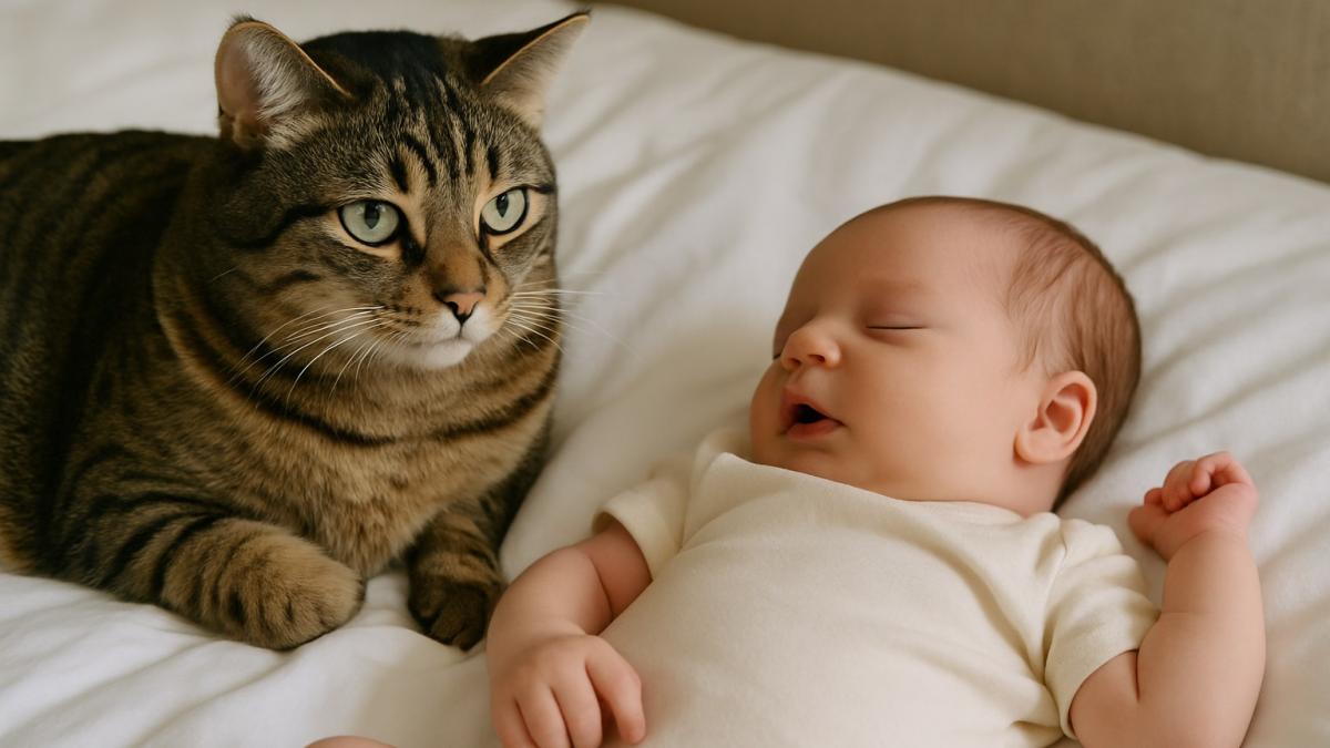 Кошка рядом с новорожденным