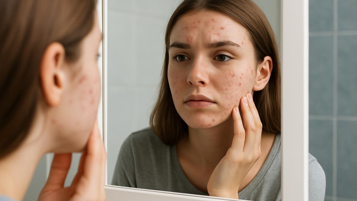 Девушка с акне у зеркала