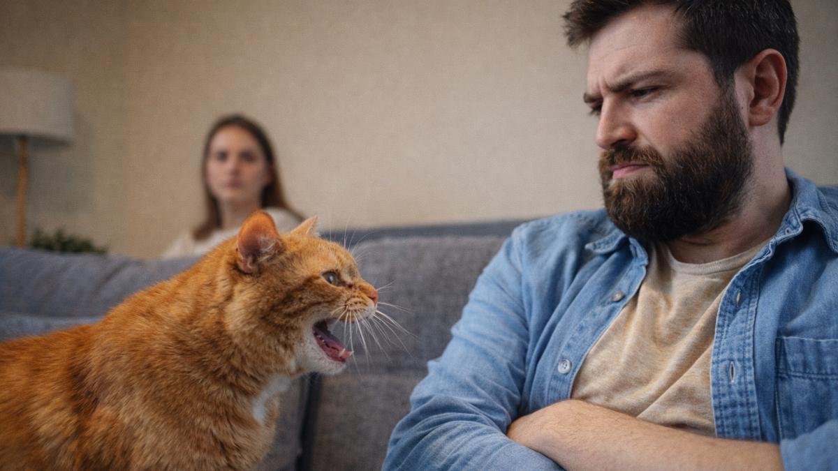 Кот шипит на мужчину
