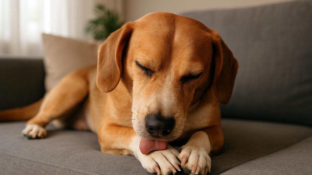Собака грызет лапу