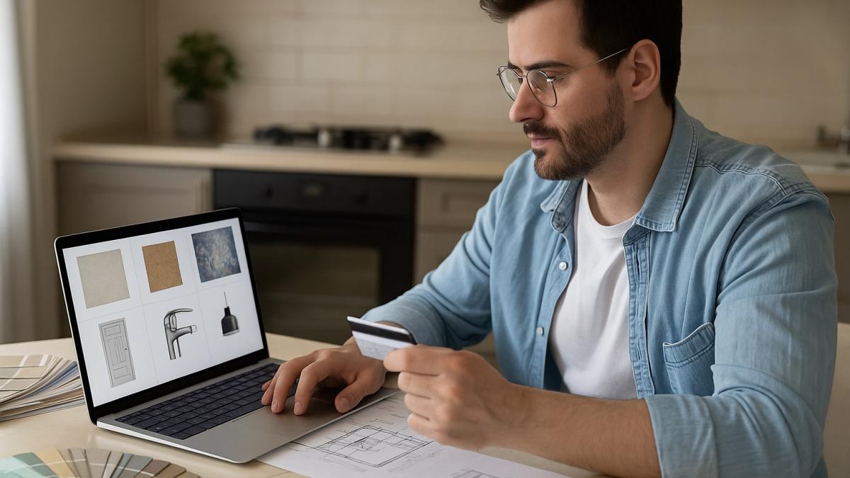 Мужчина выбирает товары для ремонта онлайн