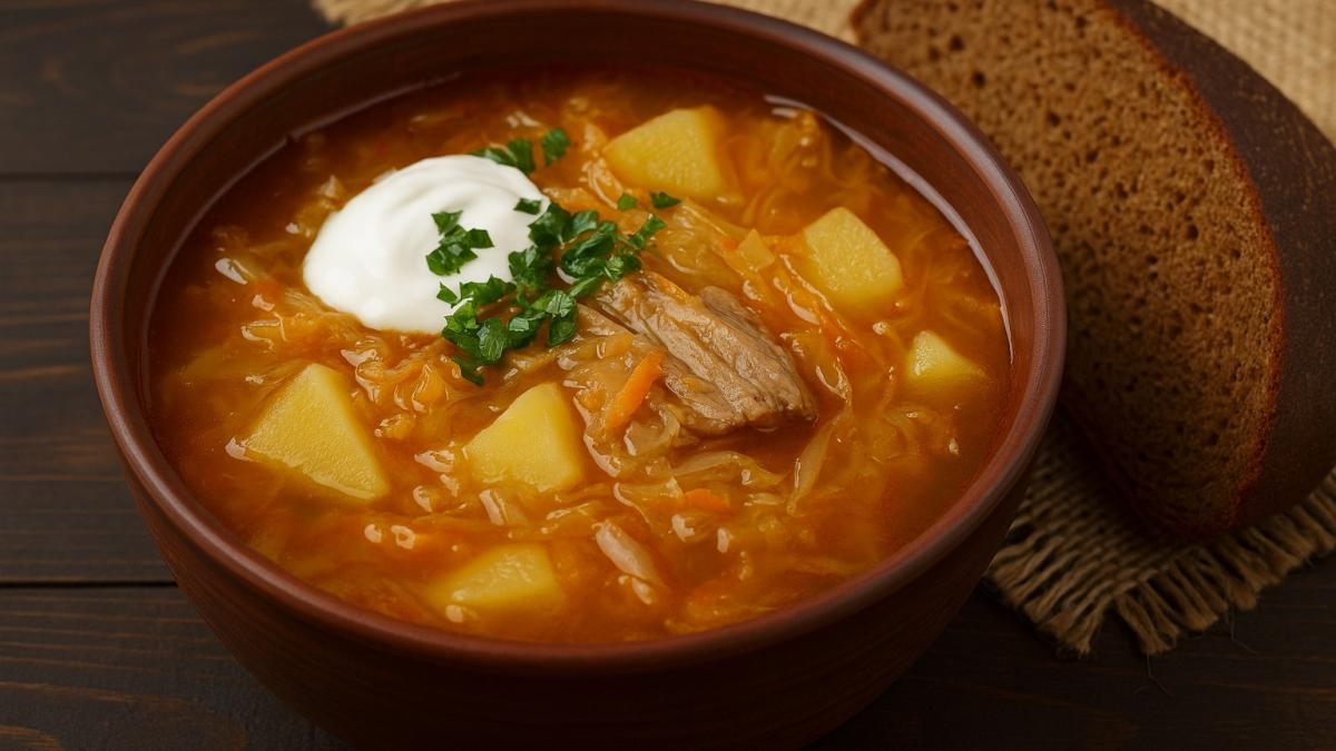 Щи из квашеной капусты с ржаным хлебом