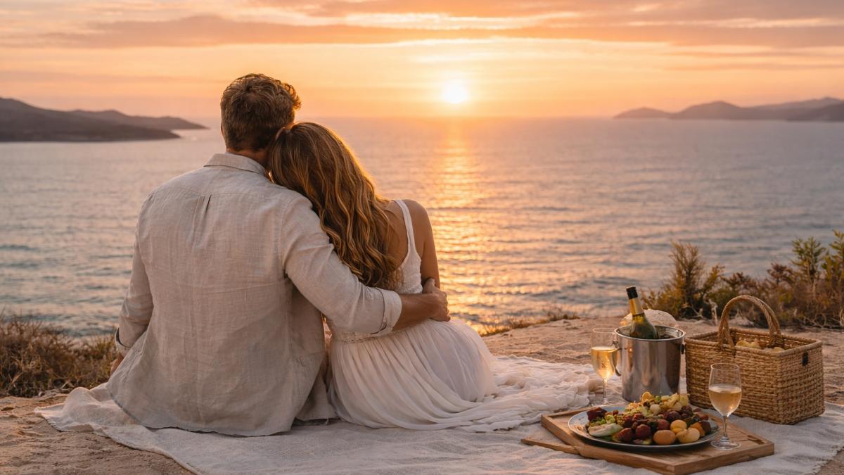 Влюбленная пара на берегу моря смотрит на закат