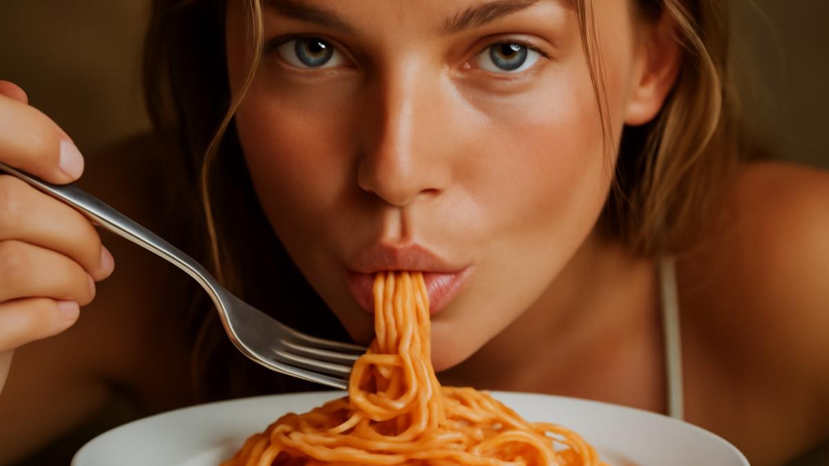 Женщина ест спагетти