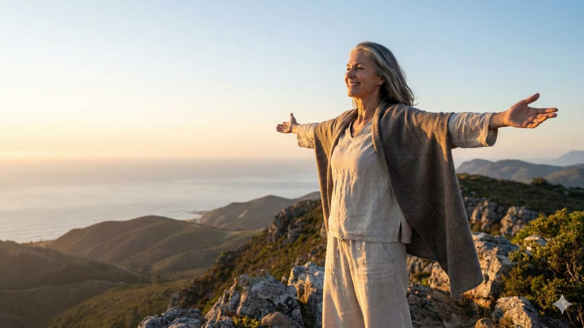 Женщина в горах удовлетворена своим вохрастом