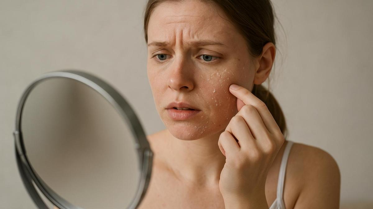 Девушка с сухой кожей у зеркала