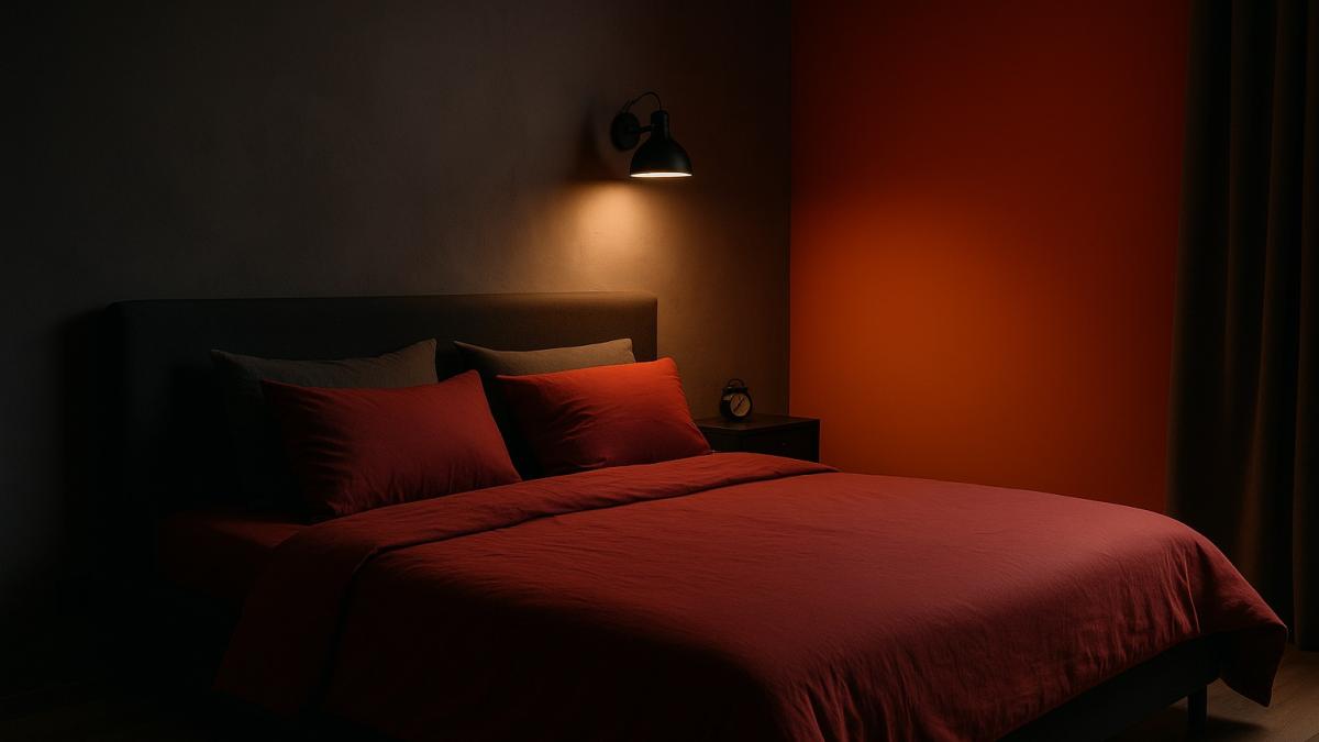 Ярко-красная спальня с тёмными стенами и освещением