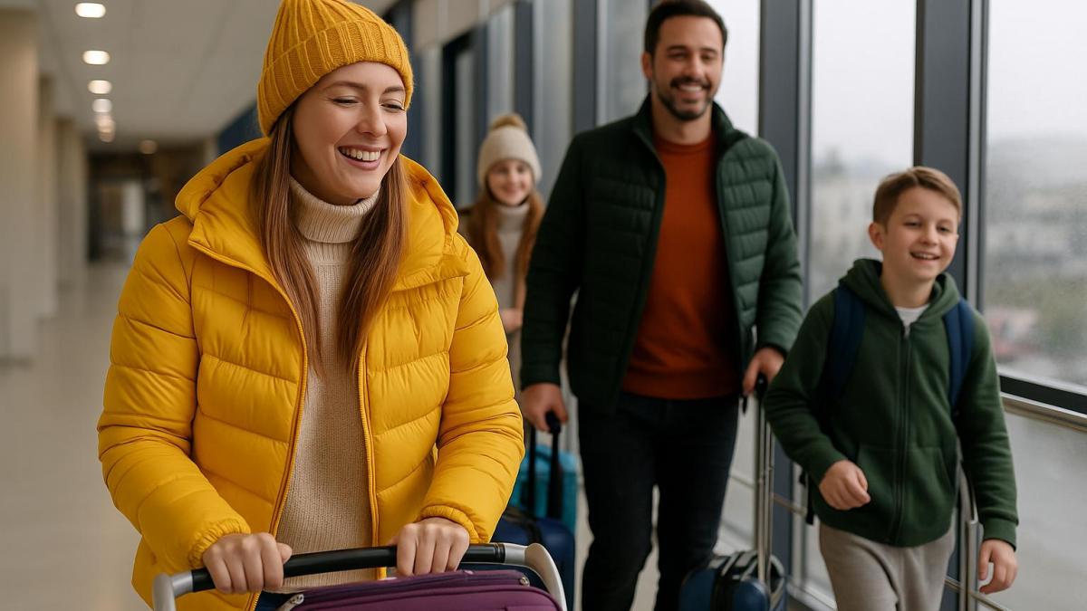 Семья в аэропорту зимой