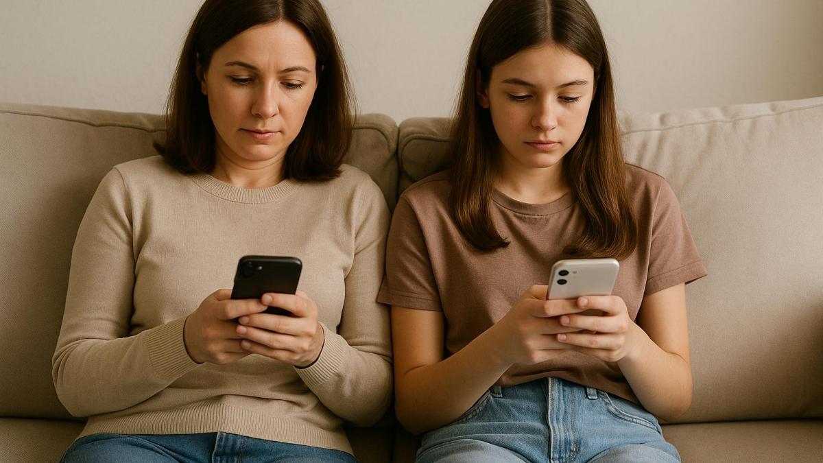 Мама и дочка с телефонами