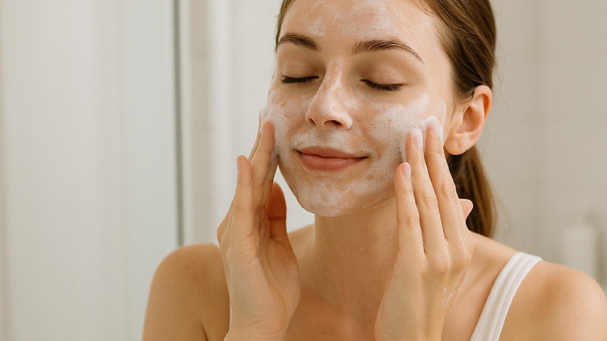 Девушка умывается пенкой