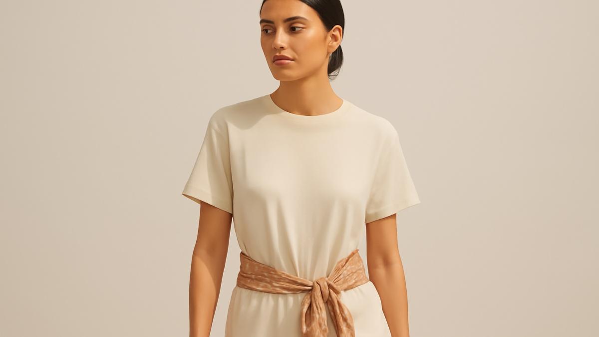 Женщина в кремовом платье-футболке