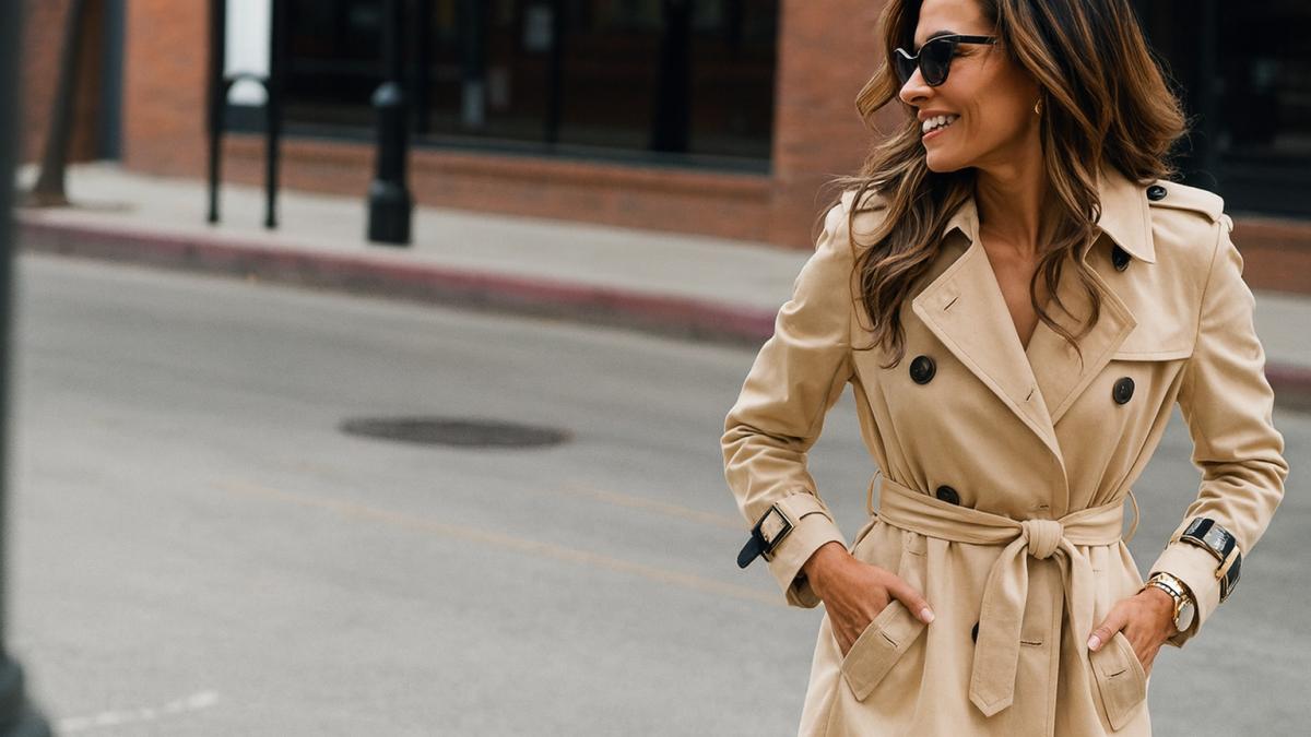 Женщина в бежевом тренче на городской улице