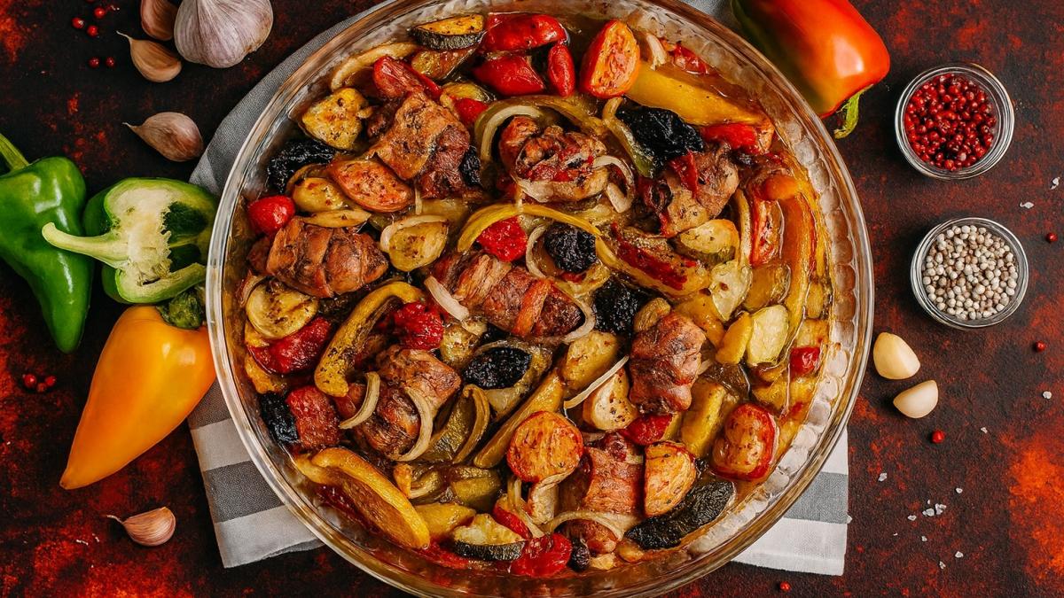 Запечённое мясо с овощами