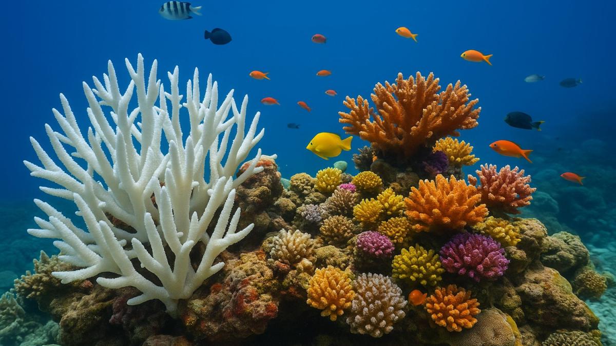 Контраст живых и обесцвеченных кораллов