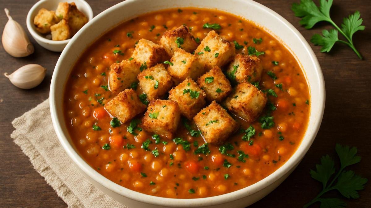 Суп из чечевицы с чесночными гренками