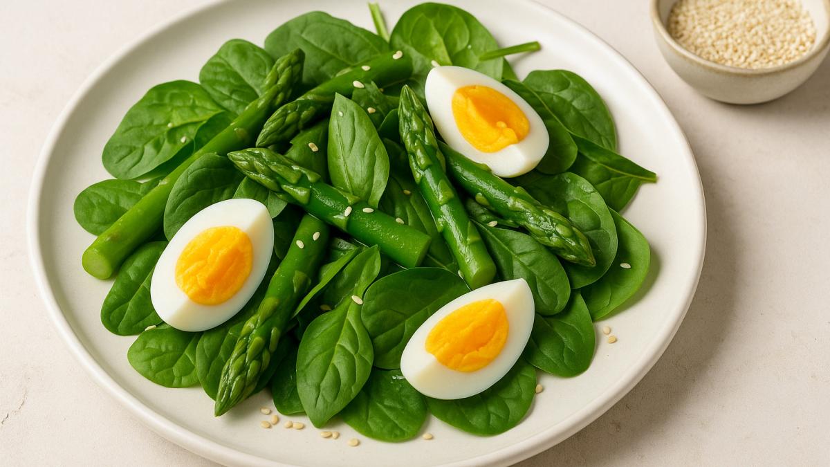 Салат со спаржей, яйцом и шпинатом